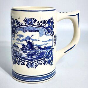 Vintage Heineken Blue & White Ceramic Beer Stein With Dutch Windmill & Sailboat